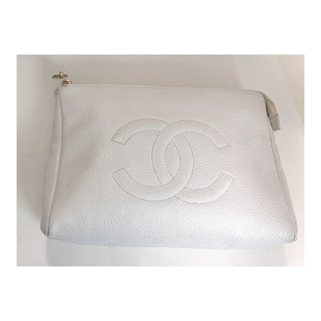 Chanel Rare Cc Timeless White Caviar Leather Cosmetic Pouch | Clutch | 1990s